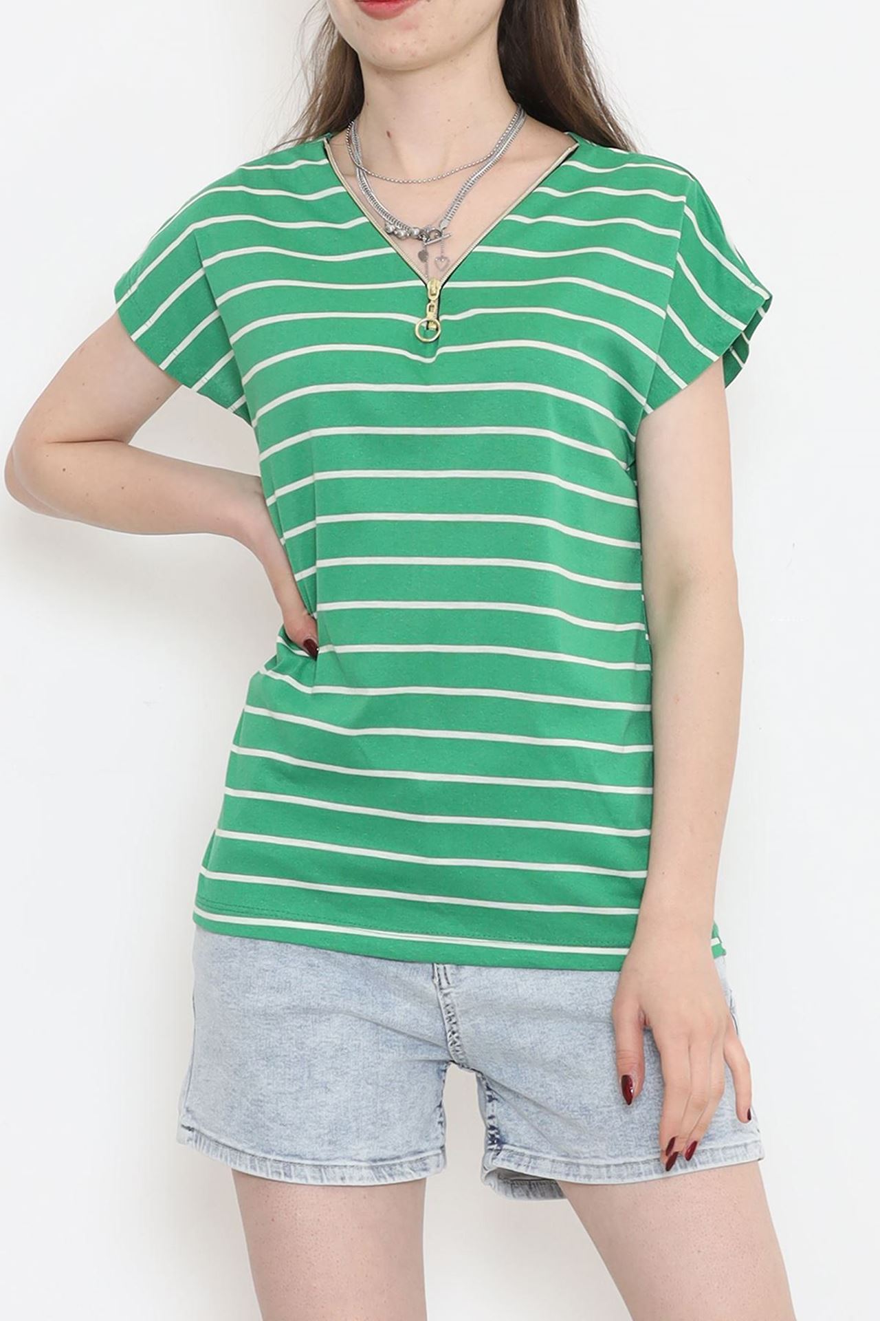 Fermuarlı Çizgili Tişört Yeşil