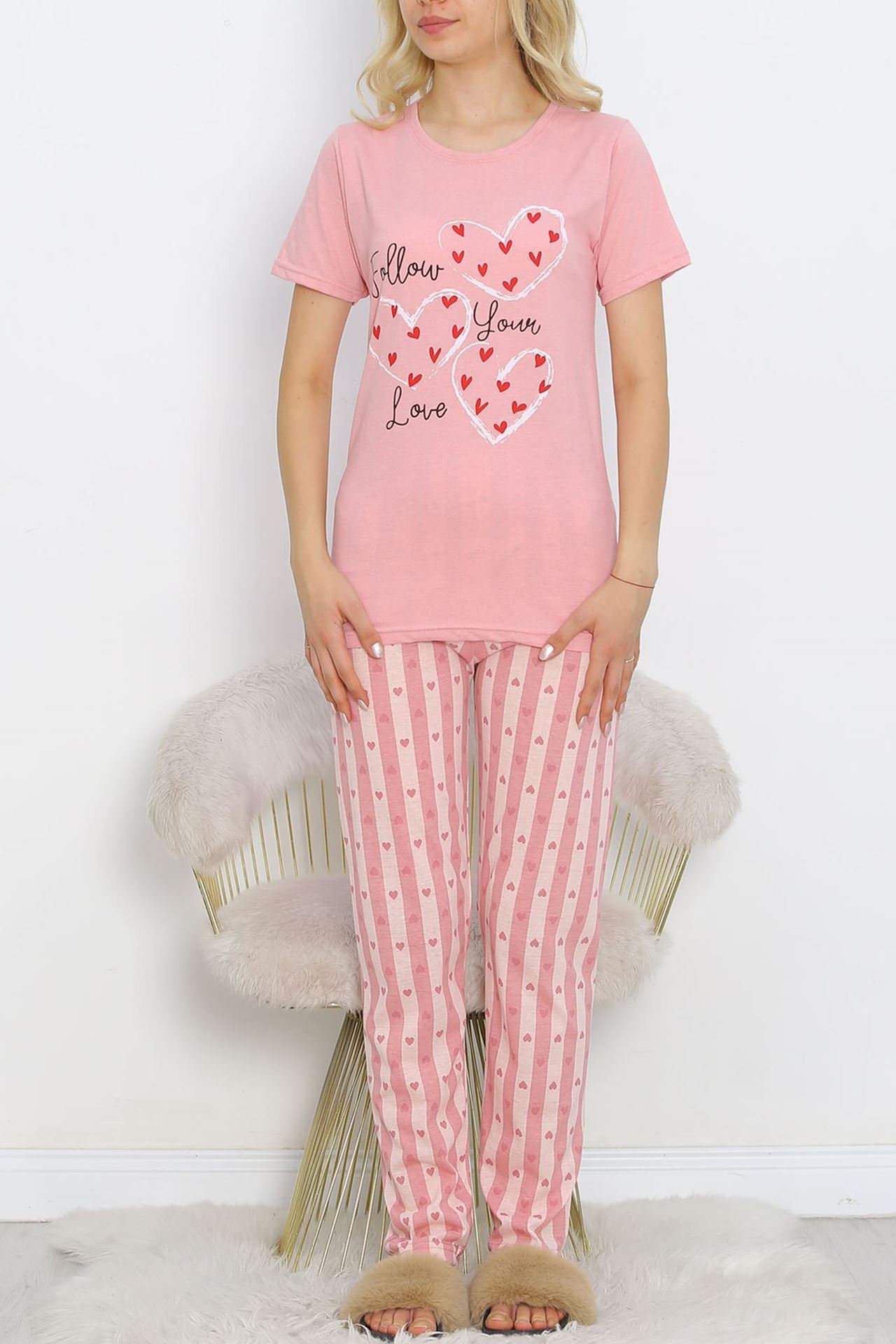 Desenli Pijama Takımı Pembe