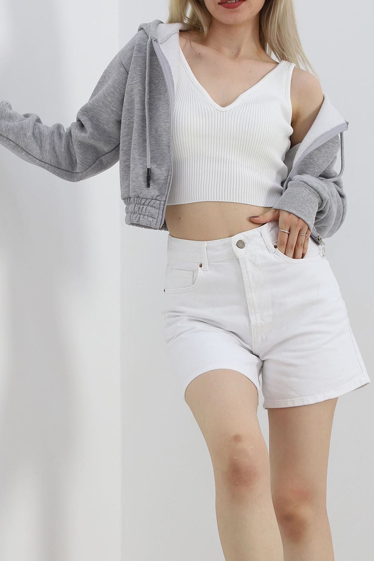 Şardonlu Crop Sweat Gri