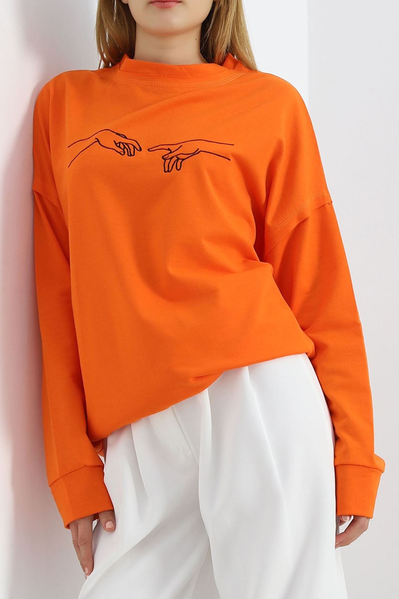 Nakışlı İki İplik Tunik Sweat Oranj