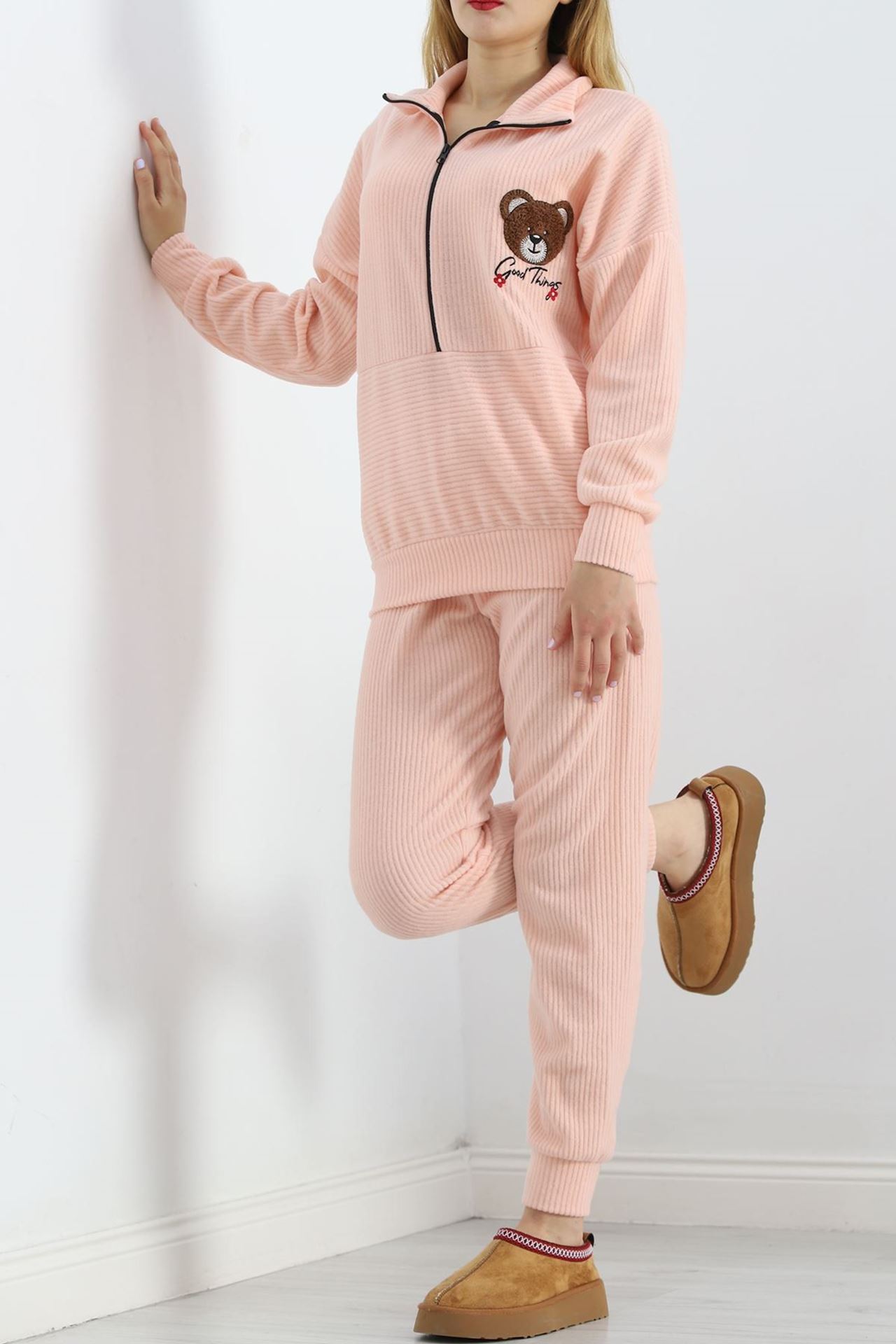 Baskılı Polar Pijama Takım Somon