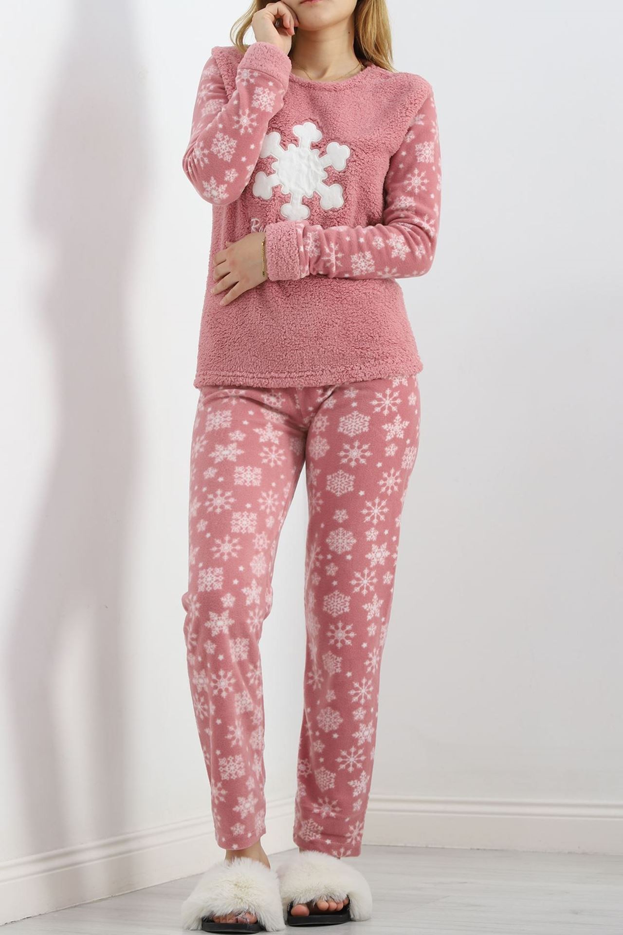 Peluş Polar Pijama Takımı Pudra