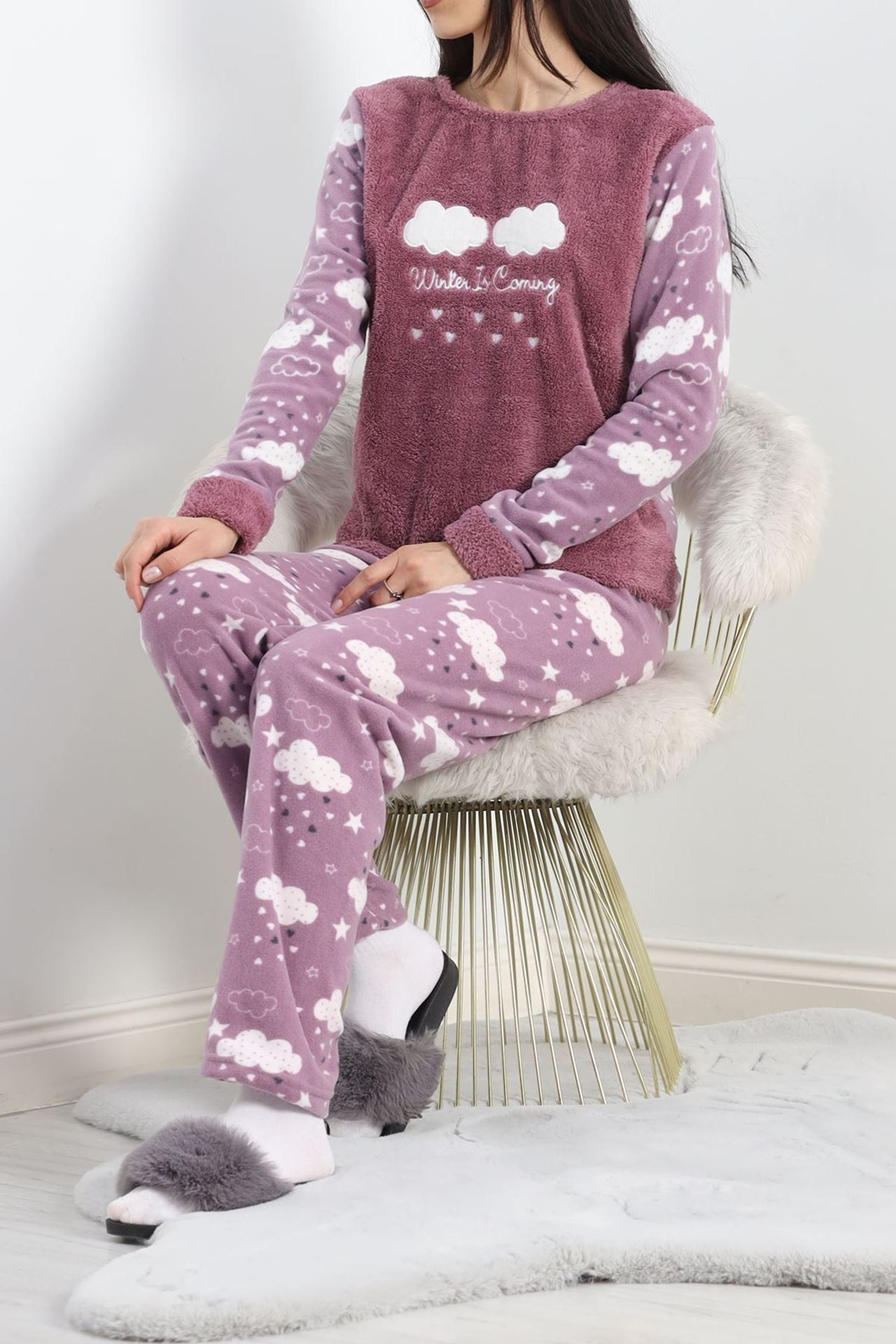 Peluş Polar Pijama Takımı Lilabulut