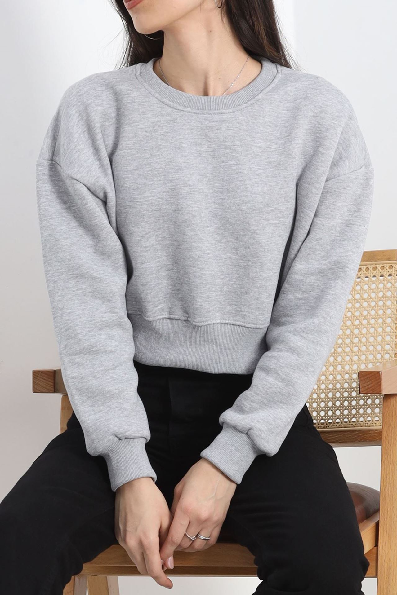 Şardonlu Crop Sweat Gri