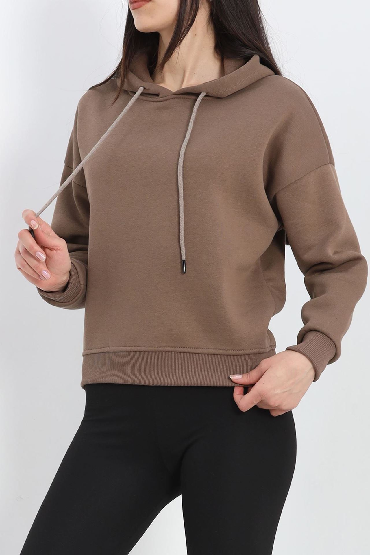 Kapşonlu 3 İplik Crop Sweat Açıkkahve