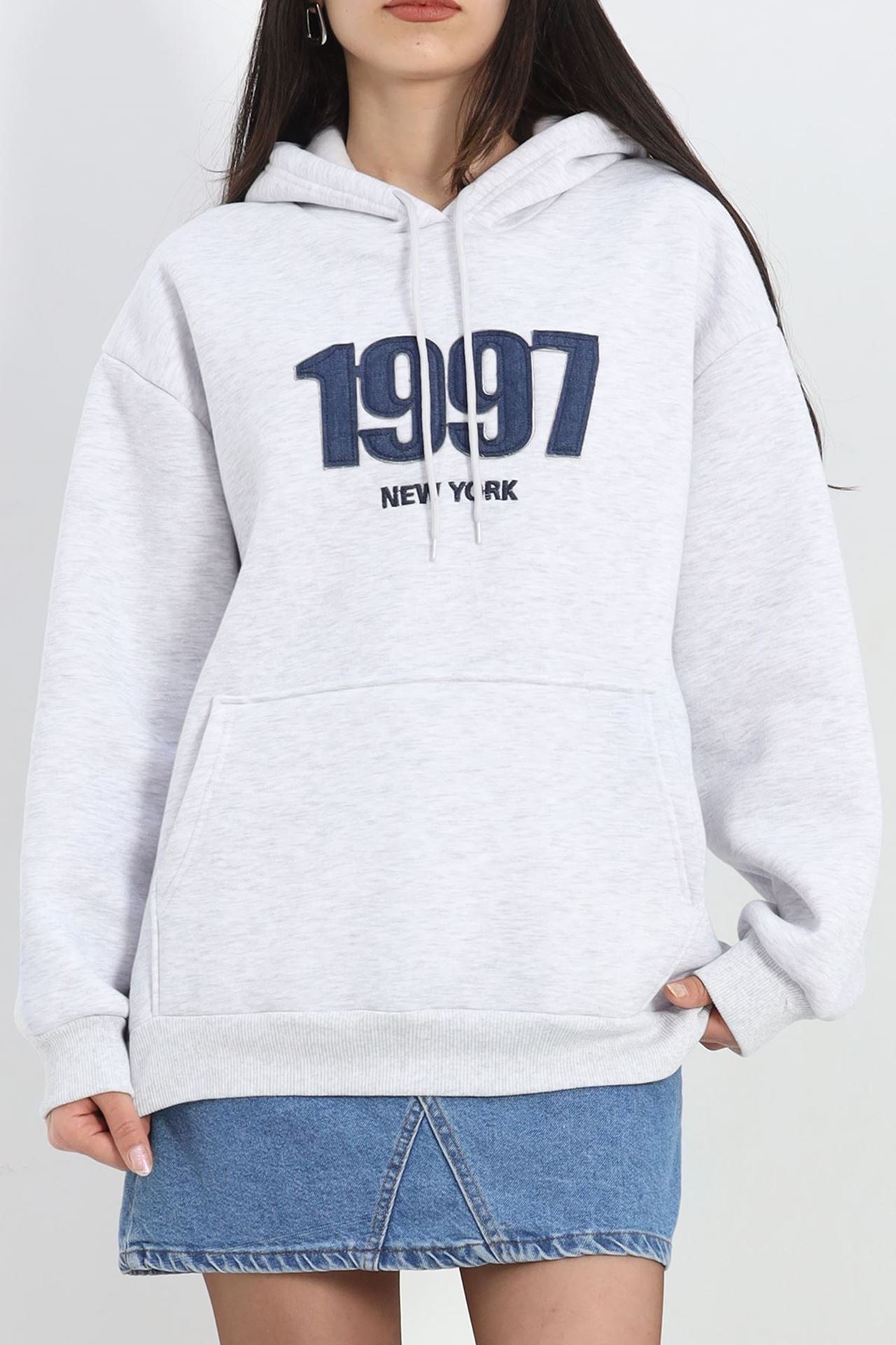 Kot Nakışlı Oversize 3 İplik Sweat Gri