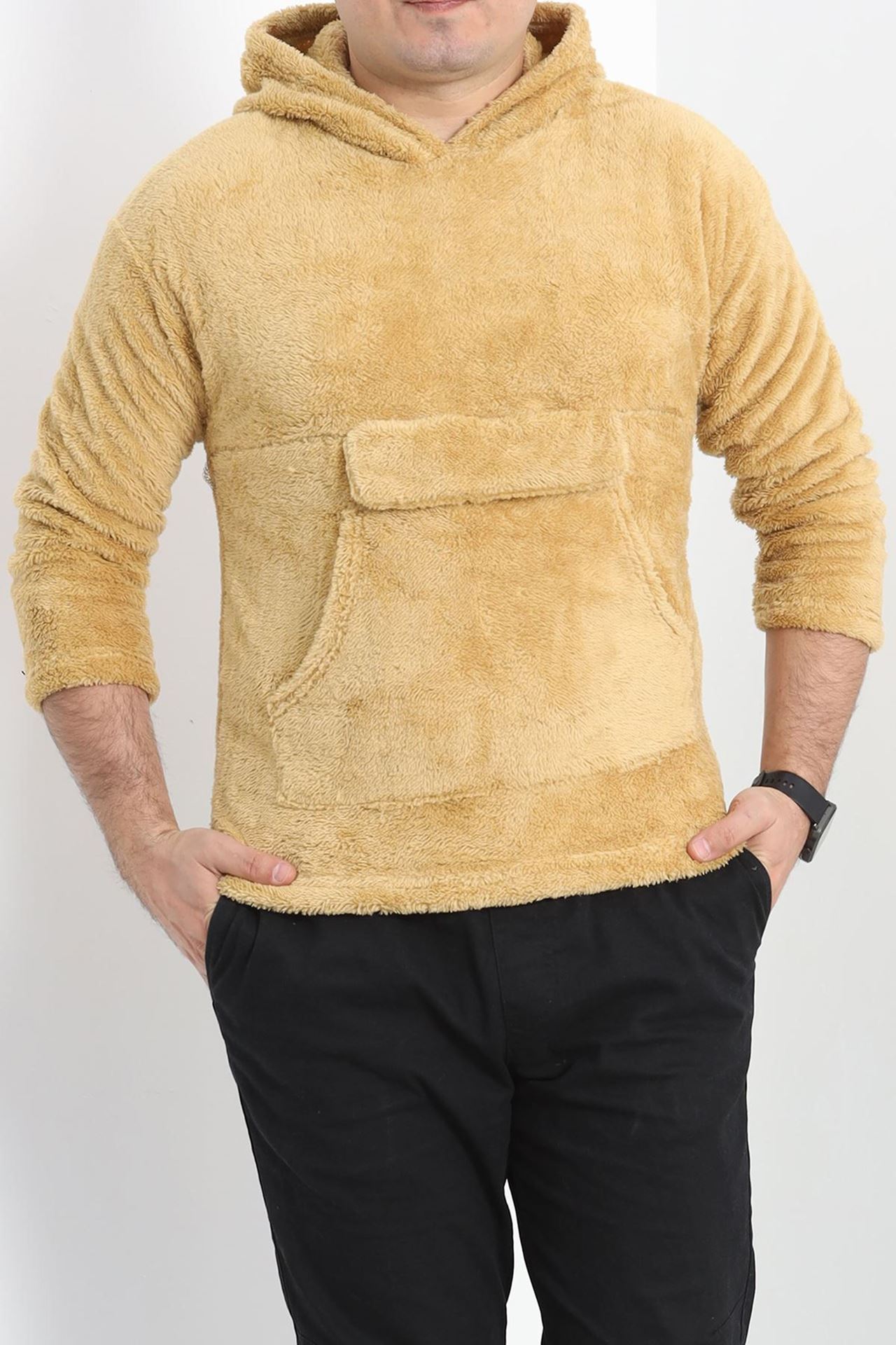 Kanguru Cep Kapşonlu Peluş Sweat Camel