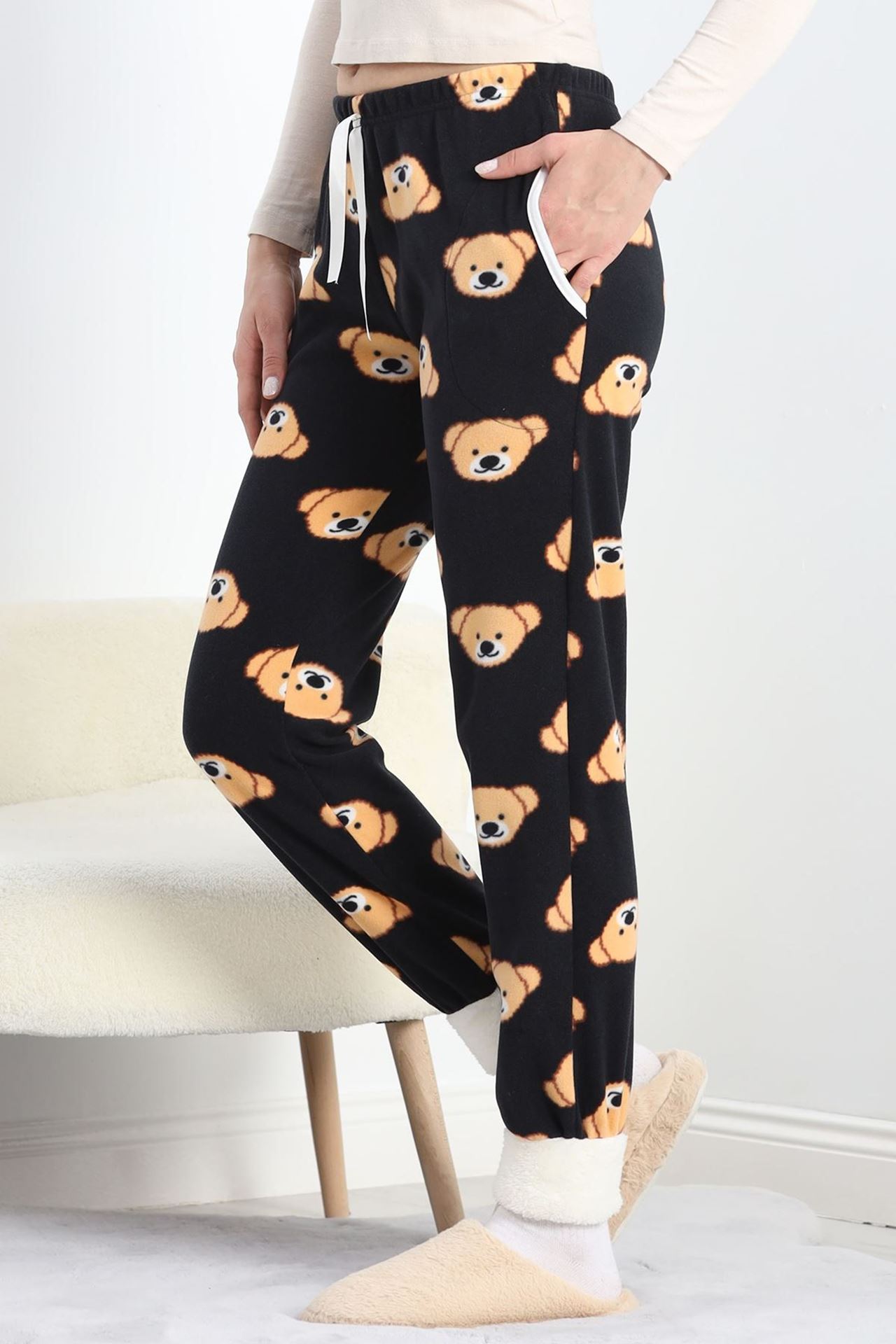 Paçası Peluşlu Polar Cepli Pijama Altı Siyah