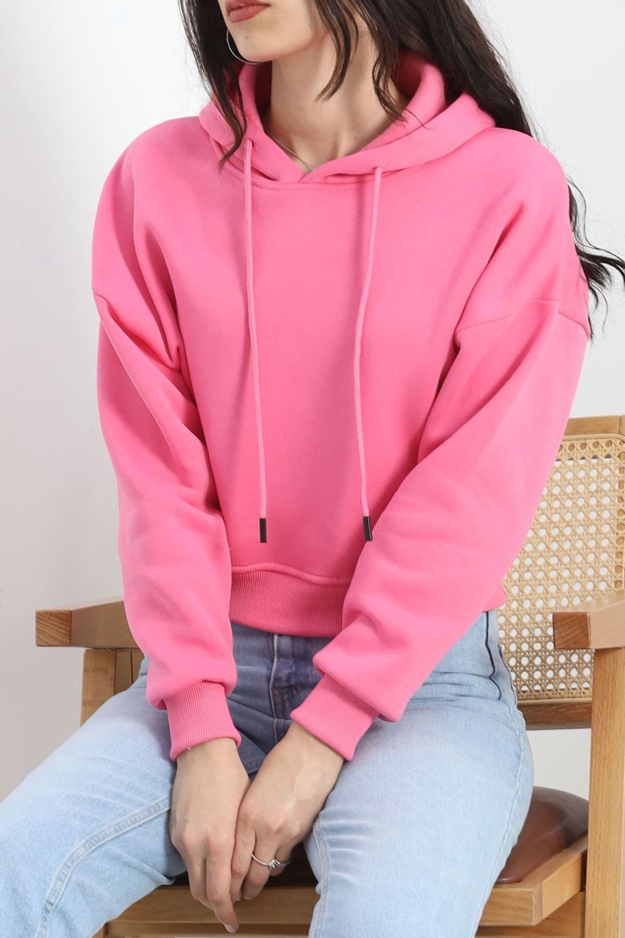 3 İplik Kapşonlu Crop Sweat Pembe