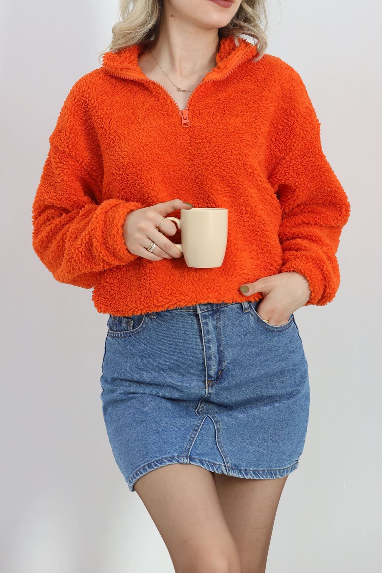 Fermuarlı Stoperli Polar Sweat Oranj