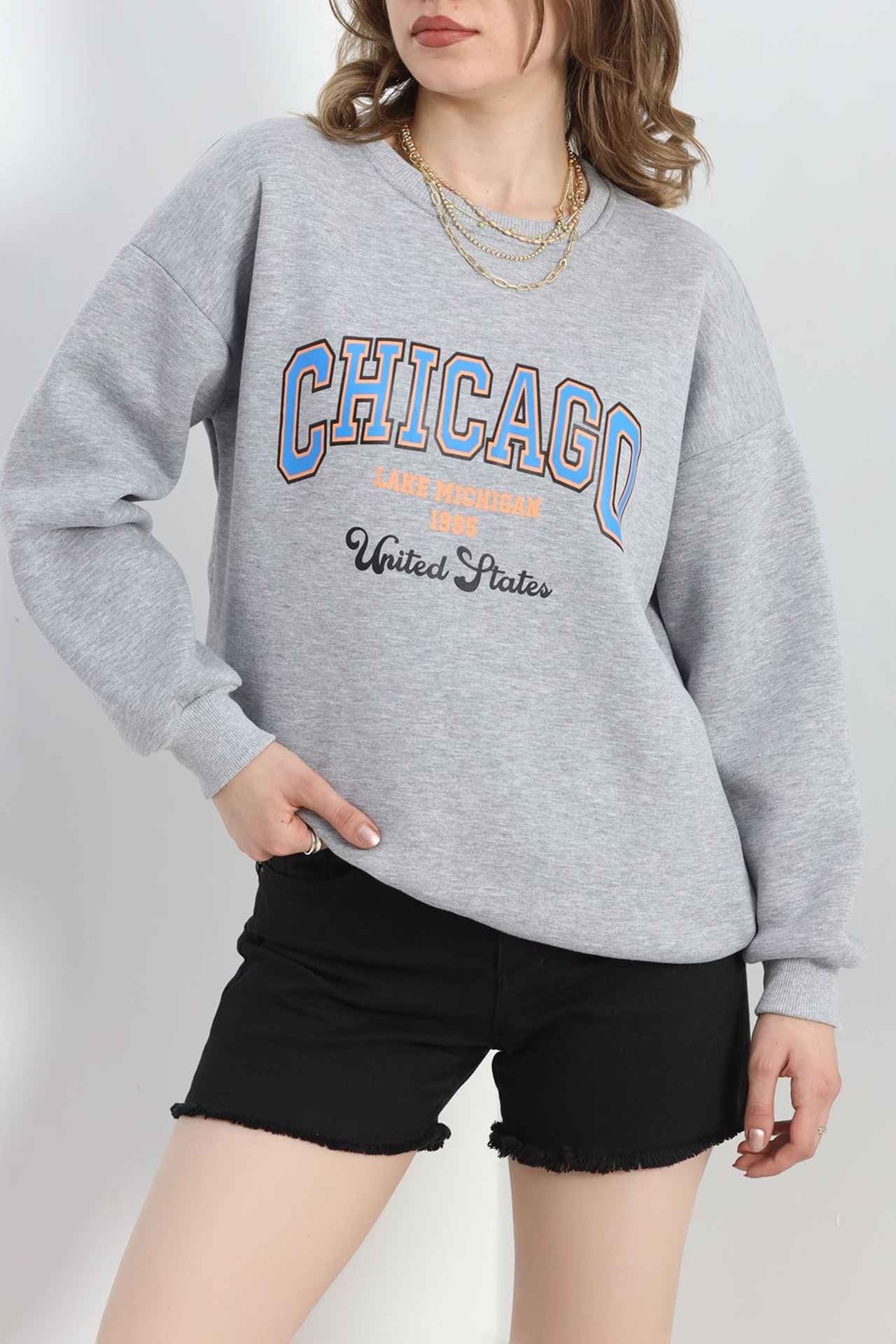 3 İplik Baskılı Unisex Sweat Gri