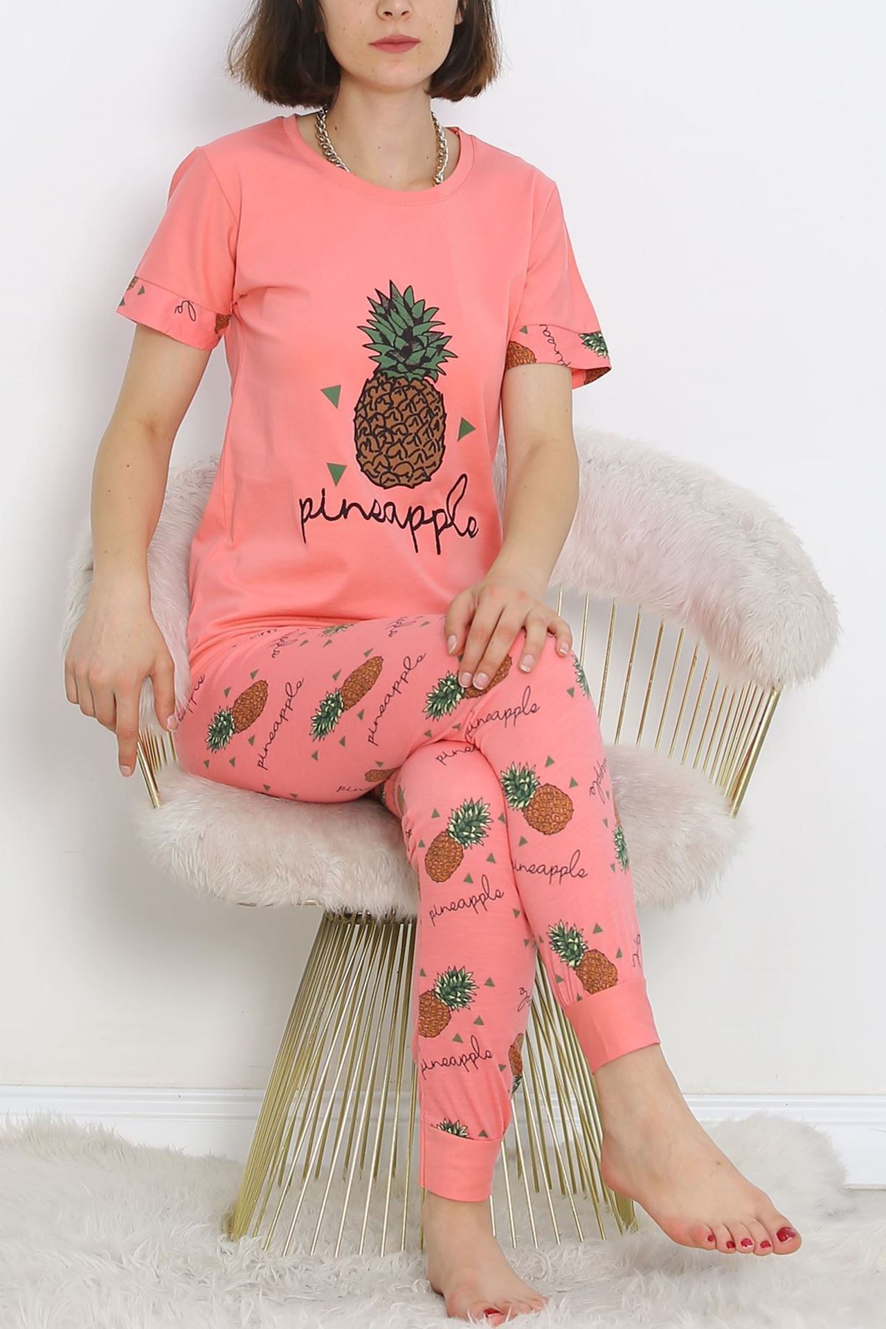 Desenli Pijama Takımı Koyupudra